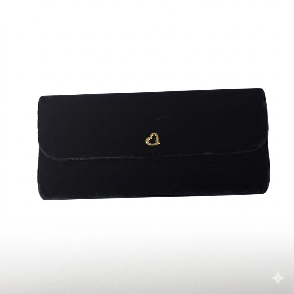 Victoria's Secret Black Velvet Heart Clutch Evening Bag Gold Tone‎ Accent